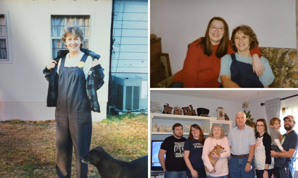 Collage - Mom in her overalls showing off a button from a basketball game, our dog Sodapop beside her. Teenage Me with my arm around Mom sitting on the couch, Our Family - Rex, Me, ,Mom holding Buffy, Dad, Paige, Cody holding Owen